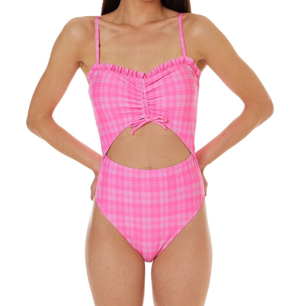 🩱 New w/ tags Celebrity Pink swim XL (15-17) plaid cut out roost one piece pink